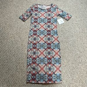LuLaRoe NWT Geometric Julia Midi Dress Women’s XXS Fitted Round Neck Half Sleeve